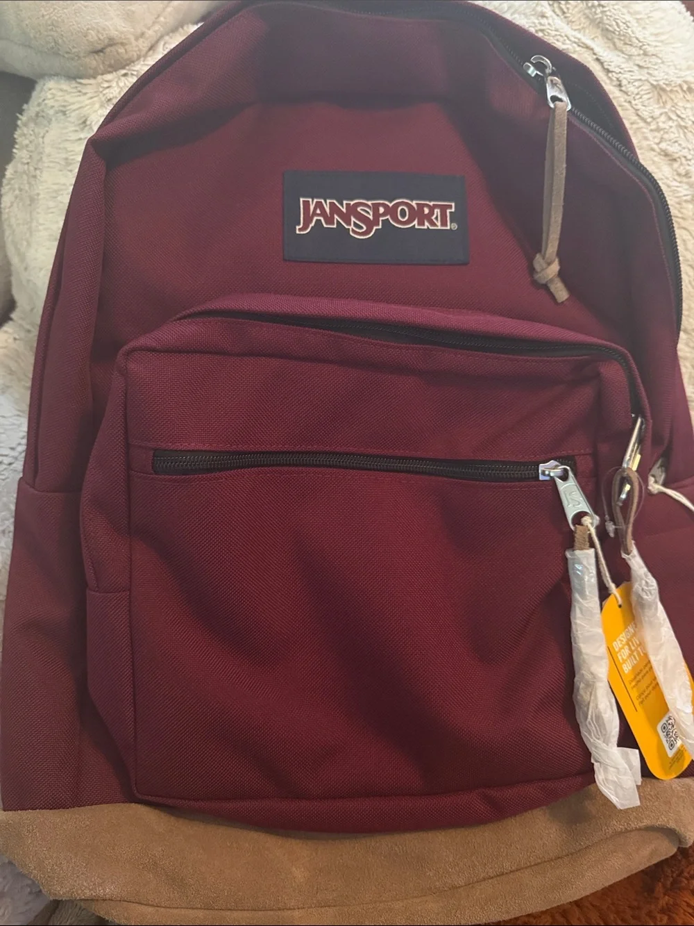 Jansport Burgundy Backpack with Tan Suede Trim - Picture 1 of 4